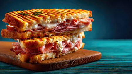 Indulge in a mouthwatering grilled sandwich stacked high with layers of ham and cheese. Perfect for any meal, this culinary delight is expertly toasted and served on a rustic wooden board, ideal for food enthusiasts and comfort lovers.の素材