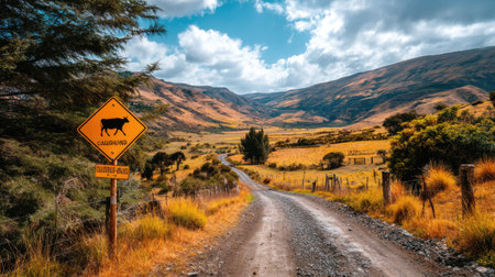 Beautiful rural scene featuring a winding dirt road with a cow warning sign. Vibrant mountains and a dynamic sky create a striking natural landscape.の素材
