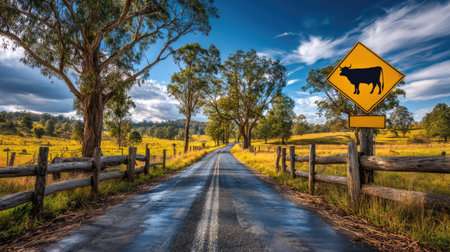 A picturesque rural road accompanied by a cow warning sign, framed by lush trees and a vibrant blue sky, inviting a sense of adventure and tranquility.の素材