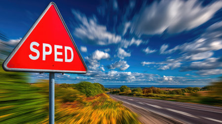 A striking bright red warning sign indicating speed limit stands prominently against a blurred background of vibrant trees and a dramatic sky.の素材