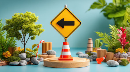 A vibrant yellow directional sign featuring a left arrow stands tall amid miniature plants, stones, and decorative elements, creating an eye-catching eco-friendly scene.の素材