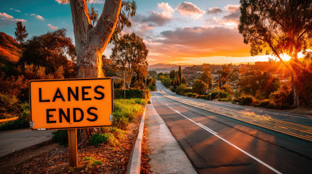 A picturesque view of a serene road at sunset, featuring a clear traffic sign indicating a lane end amidst vibrant colors of the sky and surrounding greenery.の素材