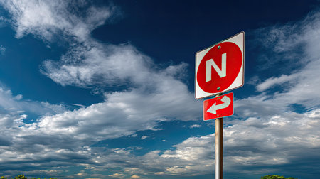 A striking traffic sign indicating no U-turn along with a north direction marker, set against a dynamic and cloudy sky, perfect for navigation themes.の素材