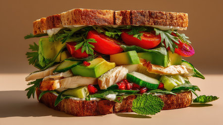 This vibrant sandwich showcases layers of fresh vegetables, avocado, and chicken, beautifully stacked between slices of brown bread, perfect for any meal.の素材