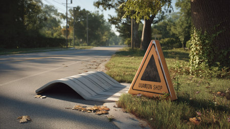 A caution sign indicates a speed bump on an empty road, framed by lush trees and grass. The soft afternoon light enhances the peaceful autumn atmosphere.の素材