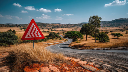 This photo captures a winding rural road marked by a bold warning sign, set against a backdrop of hills and vibrant grasslands, reflecting tranquility and adventure.の素材