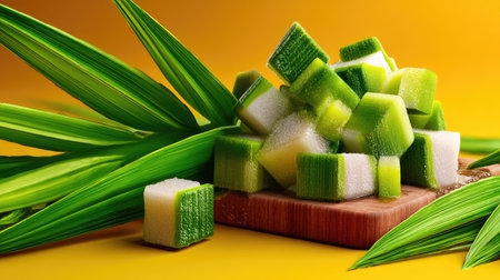 Fresh green cubes of a herbaceous fruit sit atop a wooden board, surrounded by vibrant leaves against a bright yellow backdrop, showcasing nature's bounty.の素材