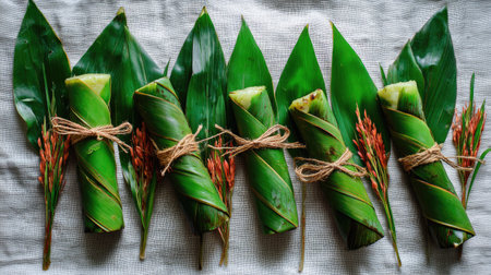 A visually appealing arrangement of fresh herbal wraps tied with twine, featuring vibrant green leaves and colorful flowers on a textured linen surface.の素材