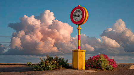 A charming vintage weighing scale stands amidst lush colorful flowers, set against a backdrop of fluffy clouds and a serene sky. This captivating image evokes nostalgia and tranquility.の素材