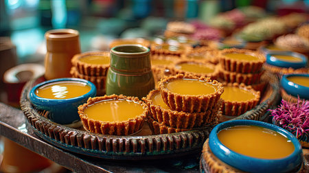 A stunning array of traditional desserts featuring sweet custard in crunchy crusts, beautifully arranged on a decorative plate, ideal for culinary enthusiasts.の素材