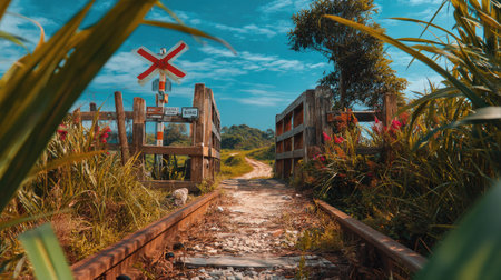 A captivating view of a tranquil railway crossing framed by vibrant greenery and bright blue skies. This peaceful pathway invites contemplation and adventure.の素材