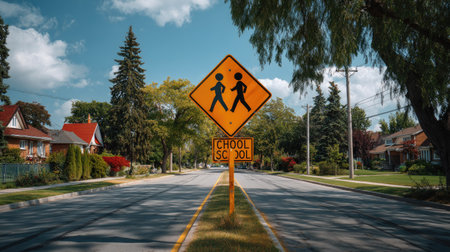 A vibrant school zone sign stands tall on a quiet residential street, guiding pedestrians and emphasizing safety in the sunny suburb. Trees line the road, enhancing the serene atmosphere.の素材