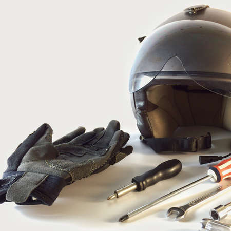 Moto bike accessories isolated on white background.の素材
