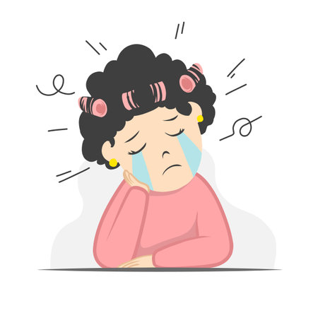 Motherhood problems concept. Young mom is tired of routine and babysittingのイラスト素材