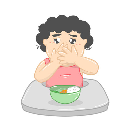 illustration of a toddler not wanting to eat and keeping his mouth shutのイラスト素材