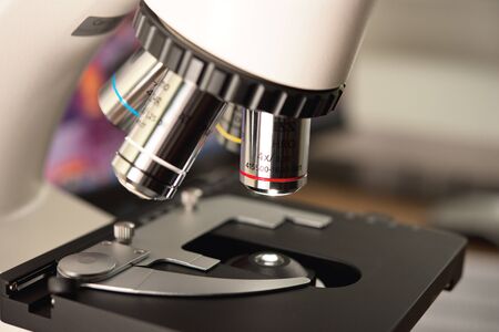 Microscope in medical clinical laboratory close-up
