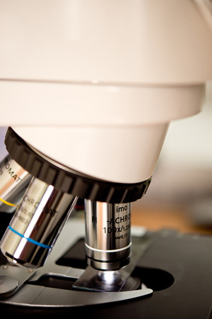 Microscope in medical clinical laboratory close-up