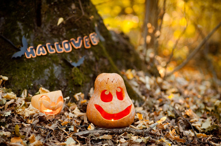 Halloween card, pumpkins, candles, congratulationsの写真素材