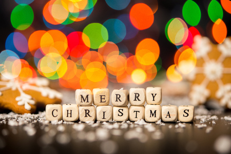 Christmas card Inscription Merry Christmas on the background of snow and decorの写真素材