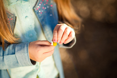The girl is holding a flower and tearing the petalsの写真素材