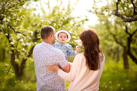 Family mom, dad and daughter are walking in the spring in a flowery garden, happy, laughingの写真素材