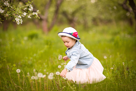 Little girl in a hat with a dandelion on a walk in a spring park or gardenの写真素材