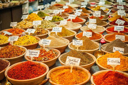 Various eastern spices, herbs and seasonings for different dishes in the shopの写真素材