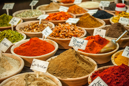 Various eastern spices, herbs and seasonings for different dishes in the shopの写真素材
