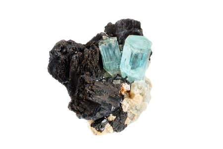 Macro mineral stone Aquamarine and black tourmaline, Schorl on a white background close upの写真素材