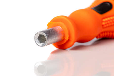 A set of different attachments for a head screwdriver with a screwdriver on a white background...