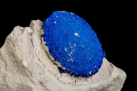 Macro mineral stone Azurite in siltstone against black background close up