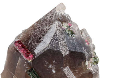 Macro mineral tourmaline stone in quartz on a white background close upの写真素材