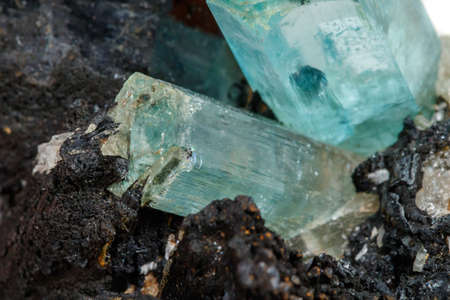 Macro mineral stone Aquamarine and black tourmaline, Schorl on a white background close upの写真素材