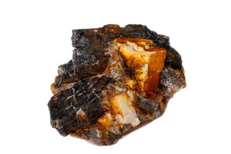 Macro of the mineral stone Columbite, Beryl, Feldspar on a white background close up