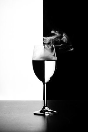 a glass of water and smoke on a black and white background close upの写真素材