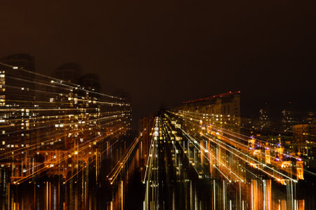 night city in motion of light lines close up