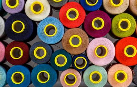 set of multi-colored spools of thread for sewing close-up