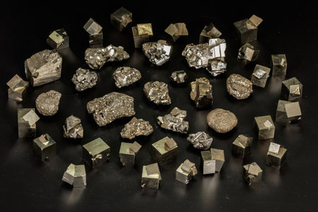Macro mineral stone Pyrite on a black background close upの写真素材
