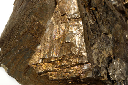 Macro mineral pyrite stone white background close up