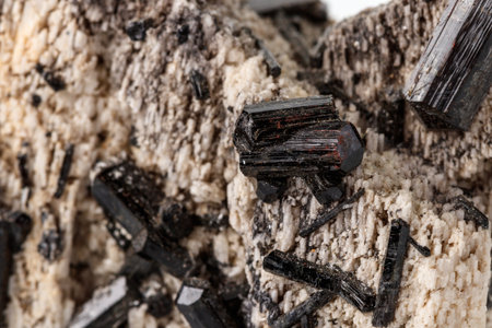 Macro mineral stone Schorl, Black Tourmaline on the feldspar on a white background close-upの写真素材