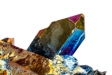 Macro mineral stone Titanium Quartz, Flame Aura Quartz on a white background close-up