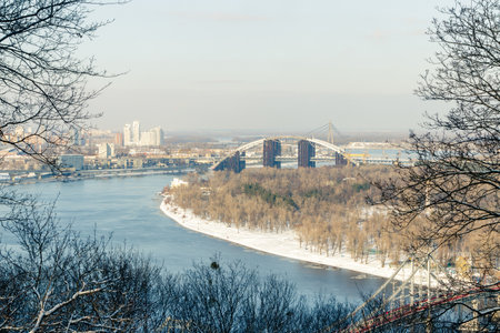 view of the Dnieper river and bridges, the city close upの写真素材