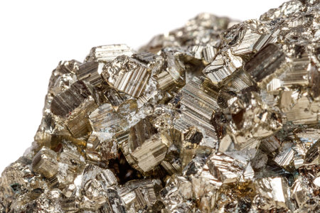Macro mineral stone Pyrite gold on white background close up