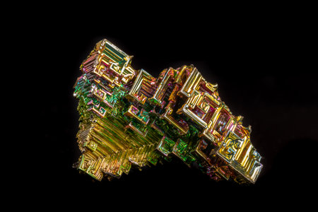 Macro of the mineral bismuth stone on a black background close-upの写真素材