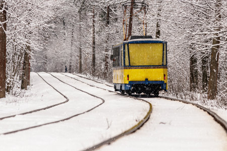An old tram moving through a winter forest close upの写真素材