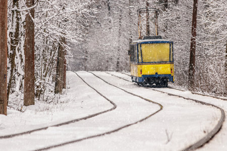 An old tram moving through a winter forest close upの写真素材