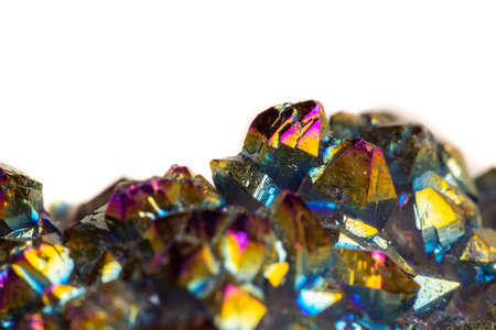 Macro mineral stone Titanium Quartz, Flame Aura Quartz on a white background close-up