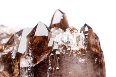 Macro mineral stone Morion crystal in the rock a white background close upの写真素材