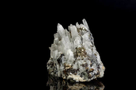 Macro mineral stone Galena, Sphalerite, Pyrite, Quartz on a black background close-up