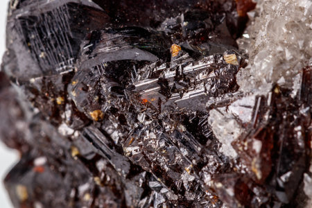 Macro of mineral Sphalerite stone on microcline on white background close upの写真素材